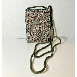 Small Zip Crossbody Beaded Velvet Bag Braided Cotton Strap 23" Drop 6"L x‎ 4"W